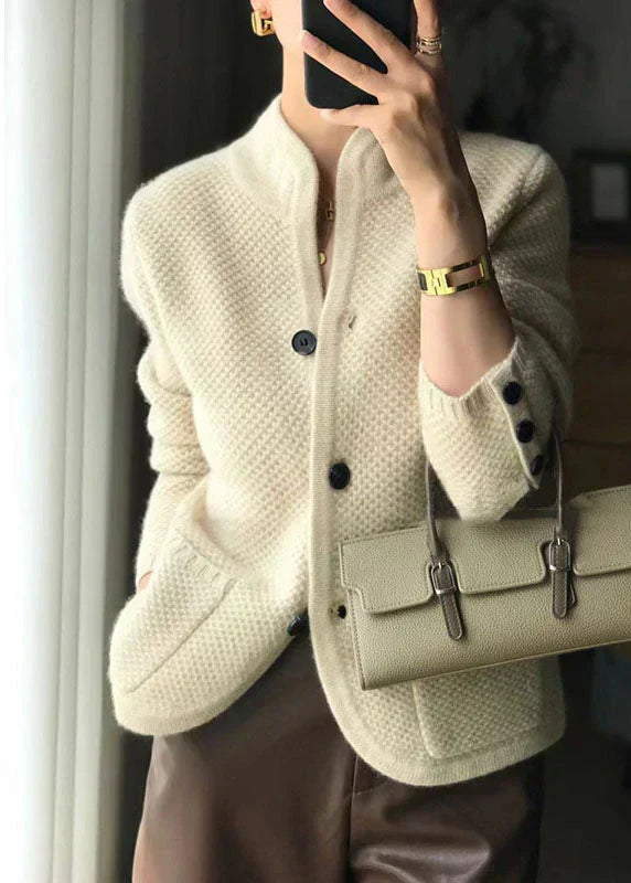 Women's textured-knit cardigan stand collar and button detail