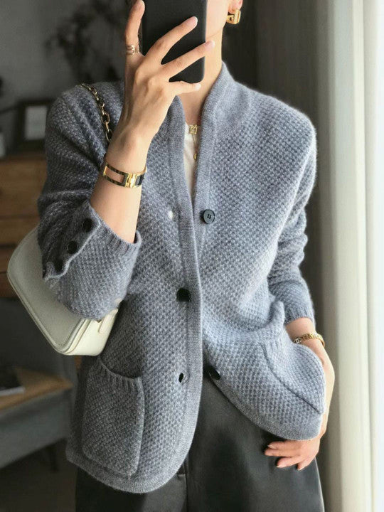 Women's textured-knit cardigan with stand collar in grey