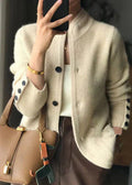 Women's textured-knit cardigan with stand collar in off white