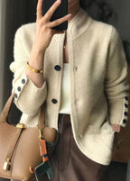 Women's textured-knit cardigan with stand collar in off white