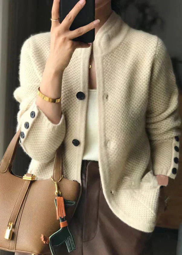 Women's textured-knit cardigan with stand collar in off white