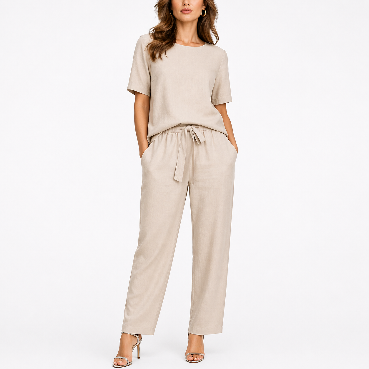 Women's beige two-piece set with short-sleeve top and trousers