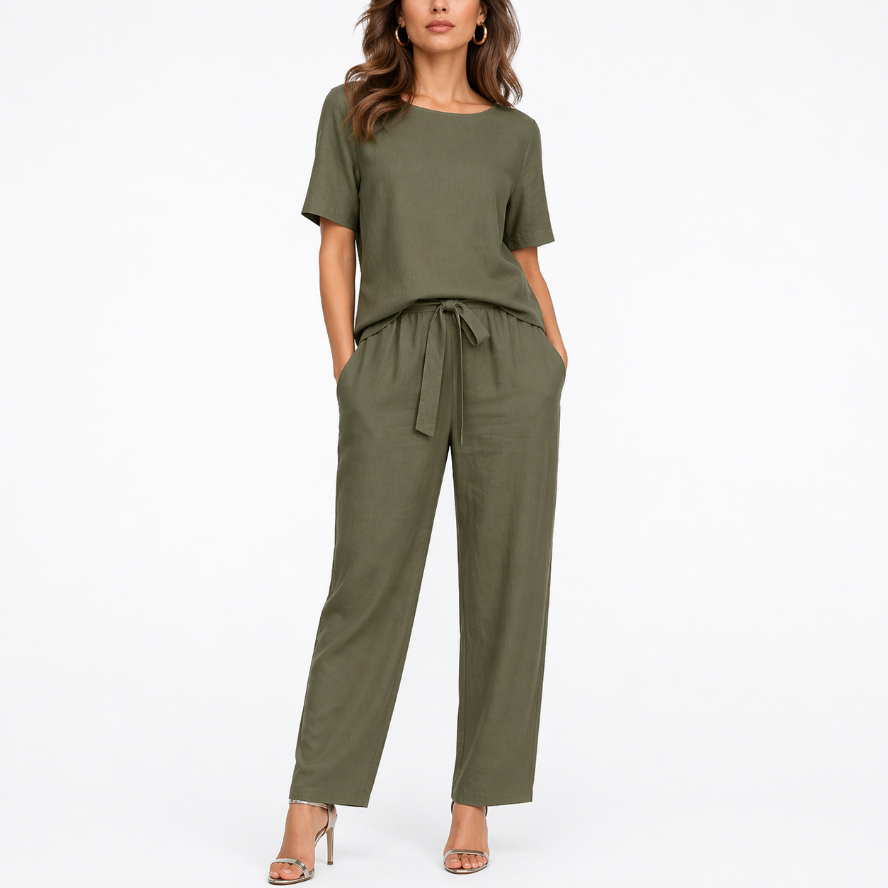 Women's green two-piece set with short-sleeve top and trousers