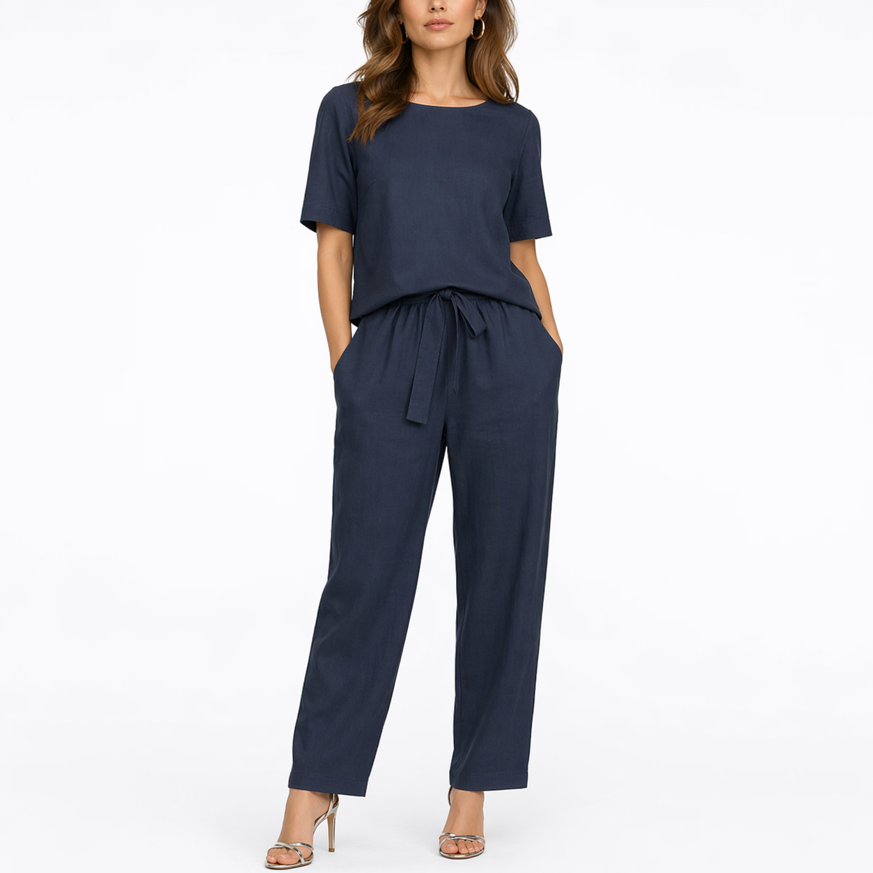 Women's navy two-piece set with short-sleeve top and trousers