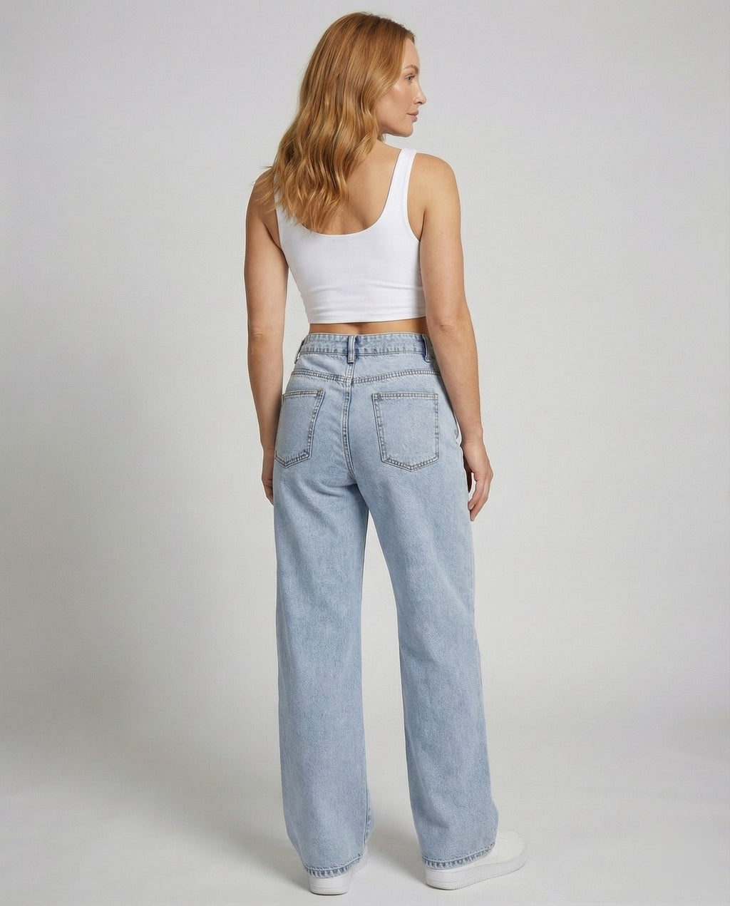 High-waist wide-leg jeans, back view