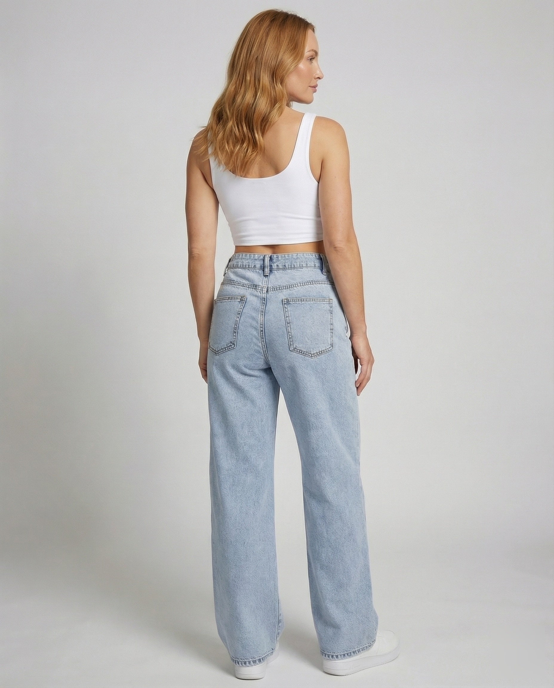 High-waist wide-leg jeans, back view