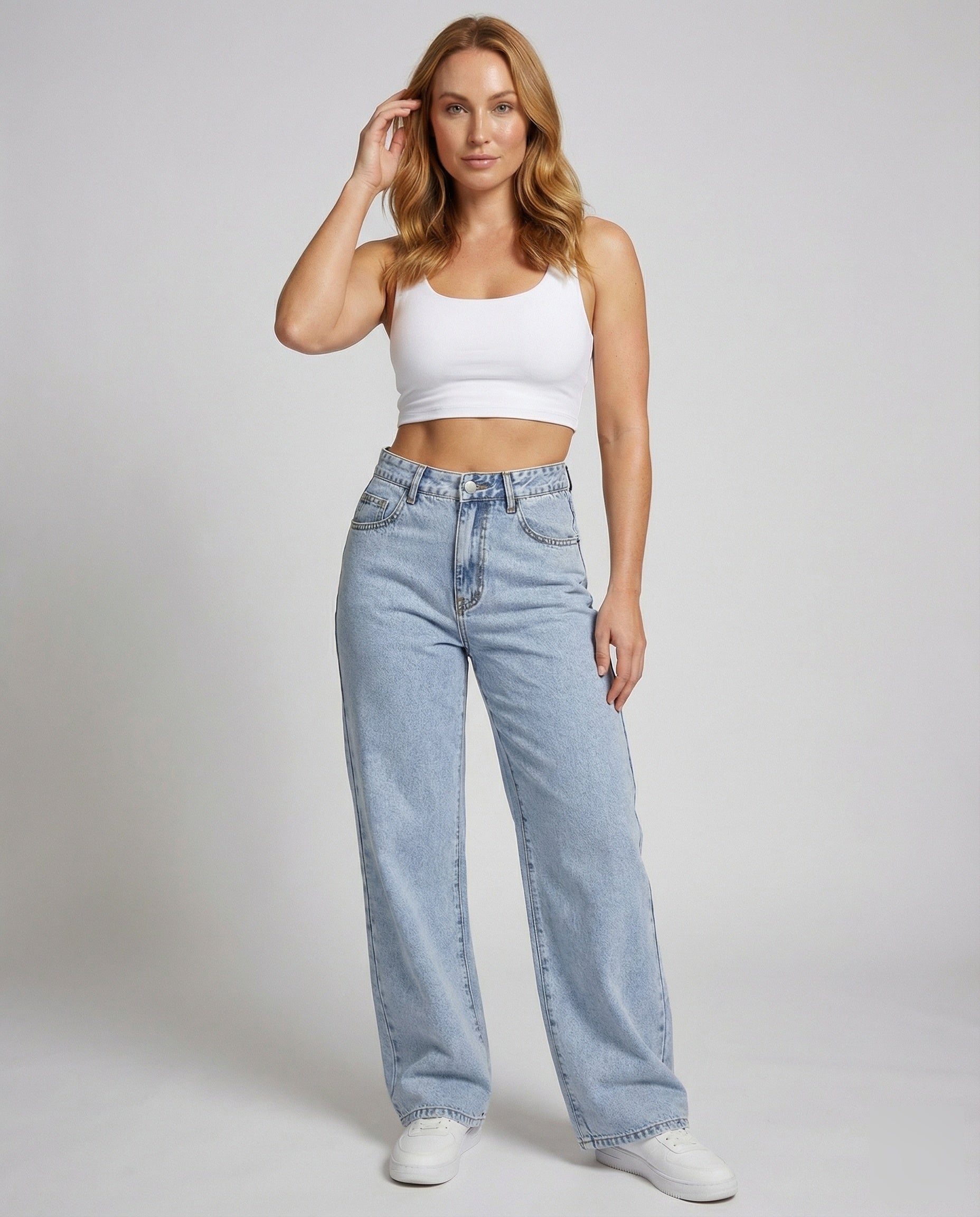 High-waist wide-leg jeans, full body front view