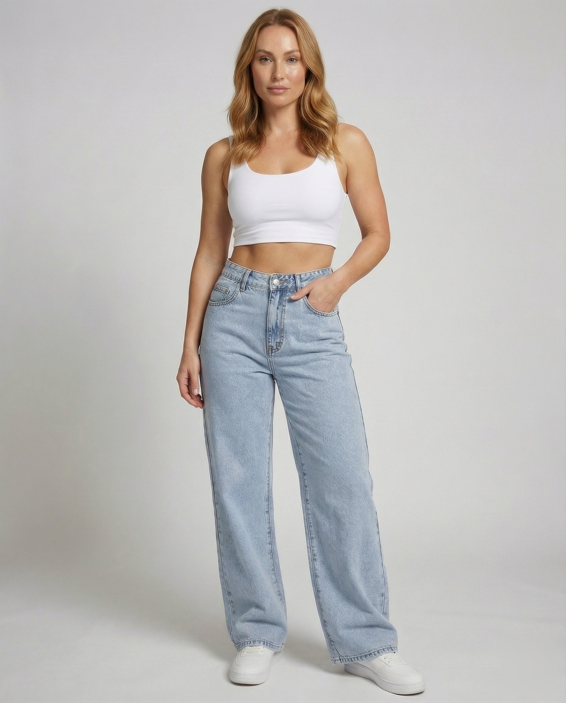 Wide-leg jeans lower body view showing full-length hem