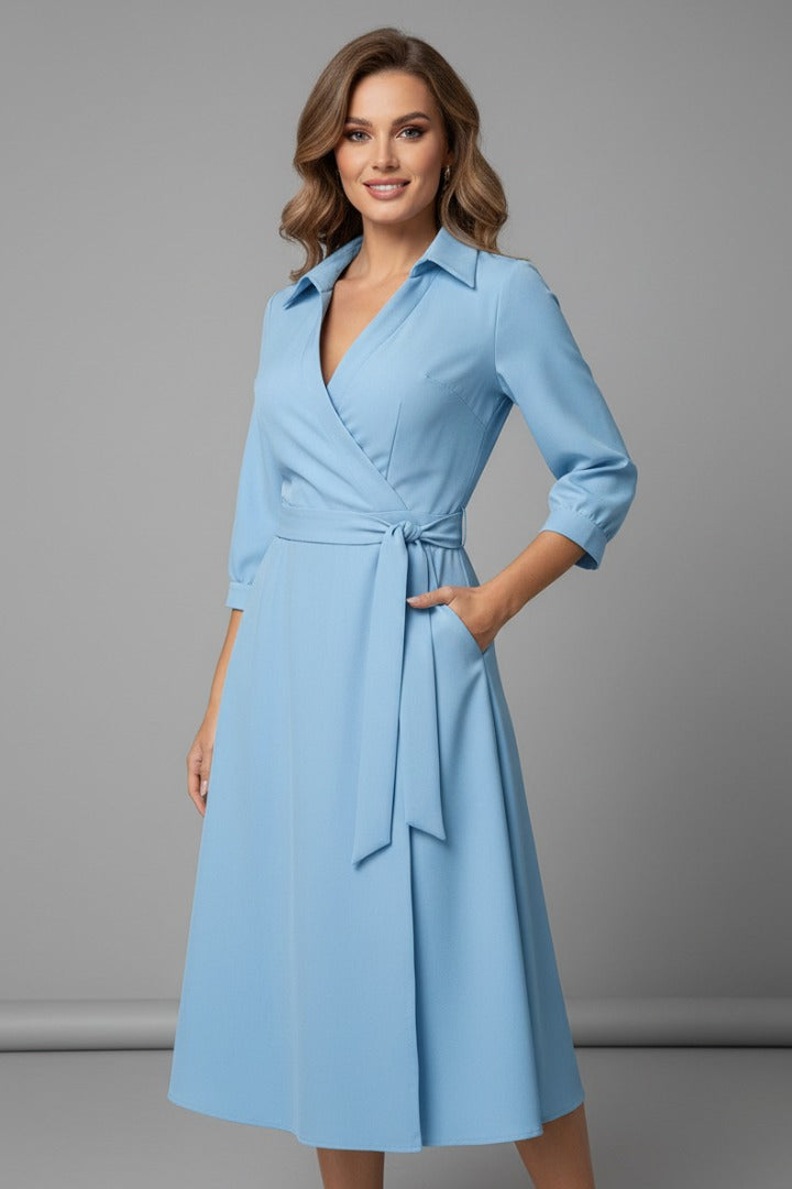 Wrap-front midi dress showing midi length hem